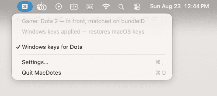 The MacDotes menu with the game in front: Windows keys applied