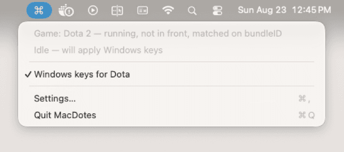 The MacDotes menu after switching away: the mapping is restored