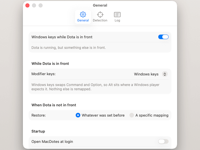 MacDotes settings, General tab