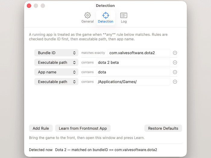 MacDotes settings, Detection tab, showing editable match rules