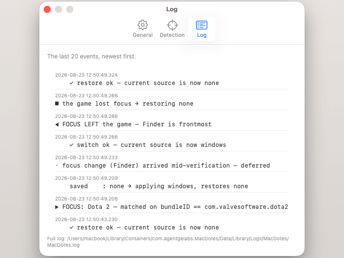 MacDotes settings, Log tab, showing timestamped transitions