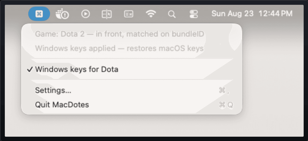 The MacDotes menu with Dota 2 in front: Windows keys applied