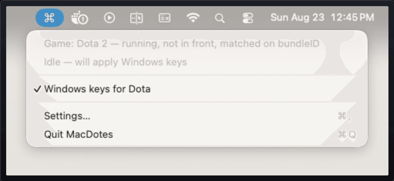 The MacDotes menu with Dota 2 running but not in front: nothing applied