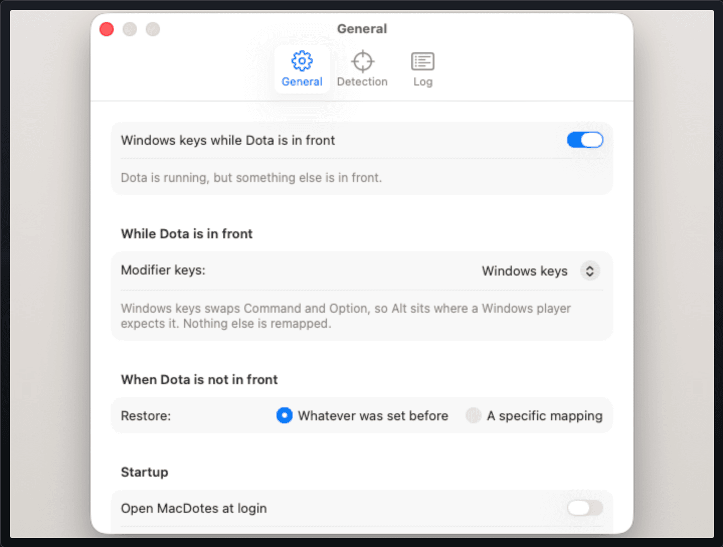 MacDotes Settings, General tab