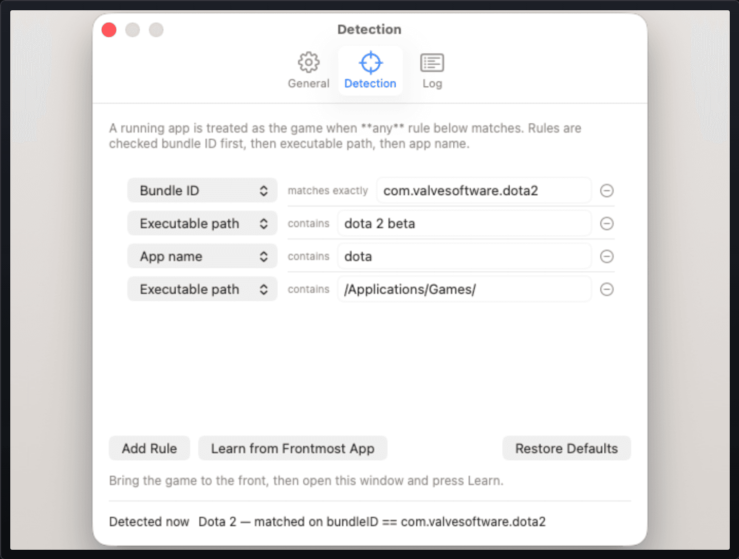 MacDotes Settings, Detection tab, showing editable match rules