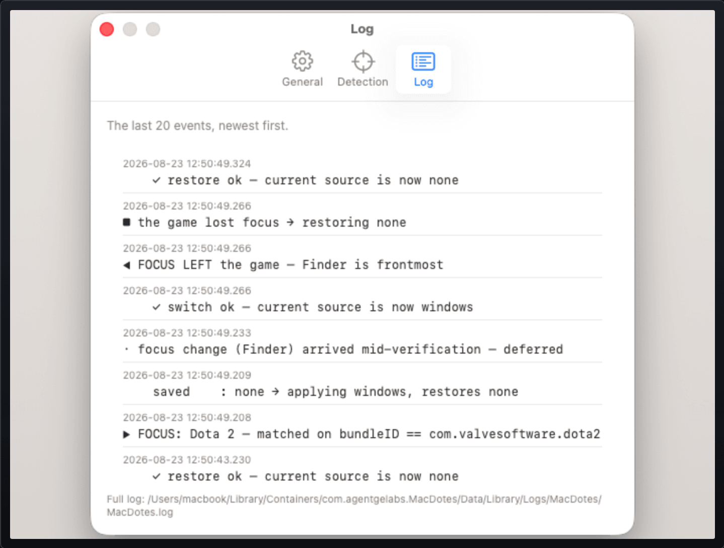 MacDotes Settings, Log tab, showing timestamped transitions